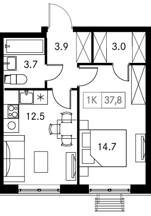 Планировка — Новый Зеленоград, 1-комн., 38 м²