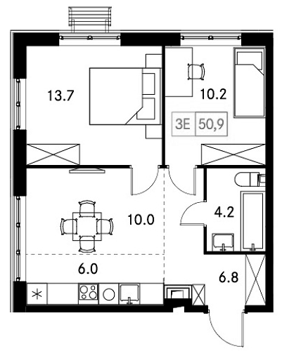 Планировка — Новый Зеленоград, 3-комн., 51 м²