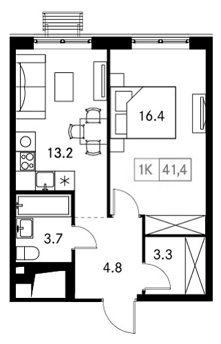 Планировка — Новый Зеленоград, 1-комн., 41 м²