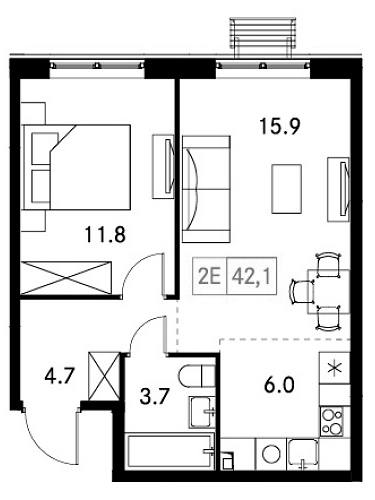 Планировка — Новый Зеленоград, 2-комн., 42 м²