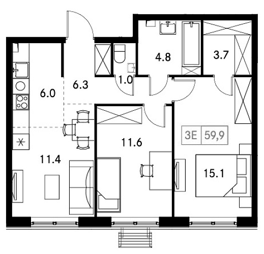 Планировка — Новый Зеленоград, 3-комн., 60 м²