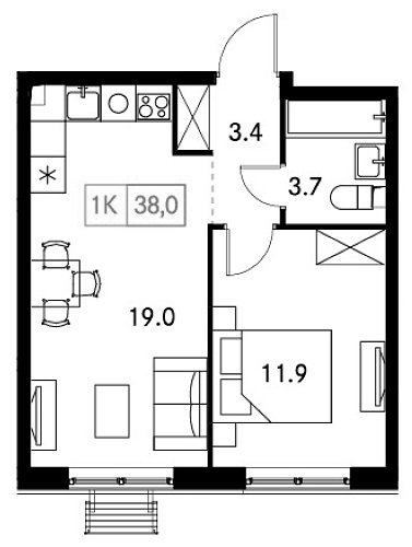 Планировка — Новый Зеленоград, 1-комн., 38 м²