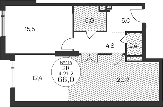 Планировка — Клубный квартал КРЫЛАТСКАЯ 33, 2-комн., 66 м²