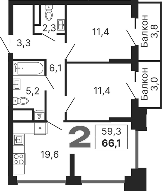 Планировка — Бестселлер, 3-комн., 59 м²