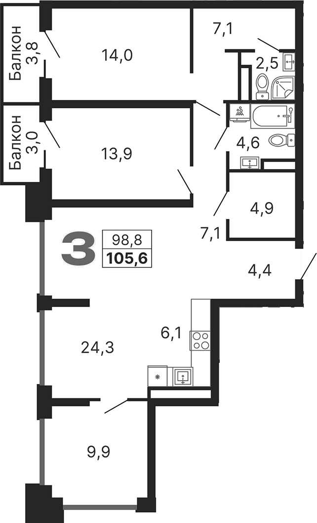 Планировка — Бестселлер, 4-комн., 99 м²
