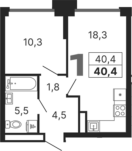 Планировка — Бестселлер, 1-комн., 40 м²