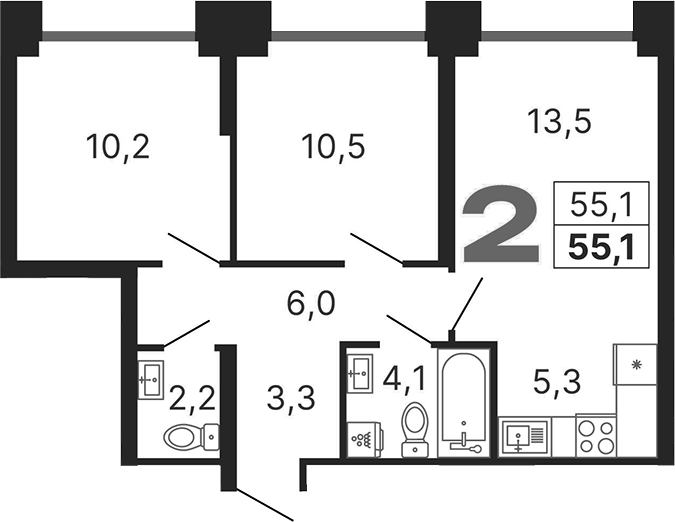 Планировка — Бестселлер, 3-комн., 55 м²