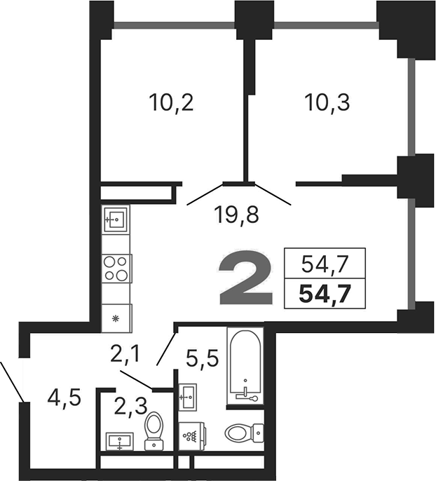 Планировка — Бестселлер, 2-комн., 55 м²