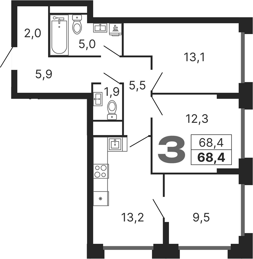 Планировка — Бестселлер, 3-комн., 68 м²
