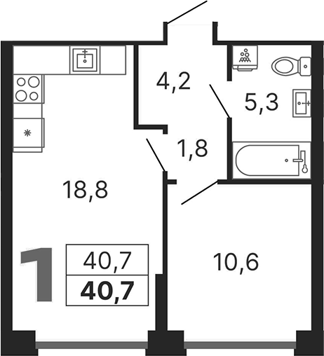 Планировка — Бестселлер, 1-комн., 41 м²
