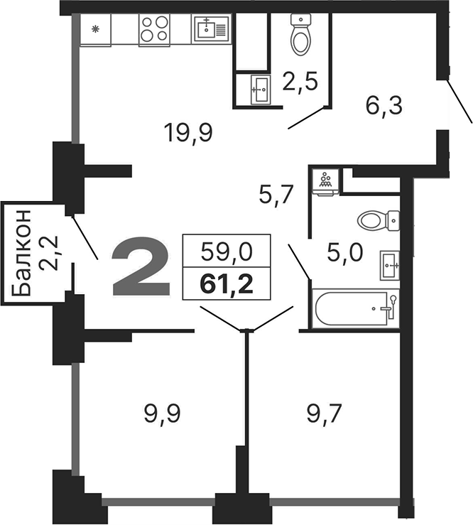 Планировка — Бестселлер, 3-комн., 59 м²