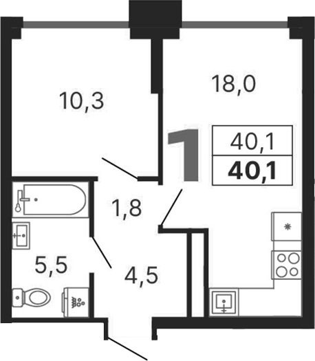 Планировка — Бестселлер, 1-комн., 40 м²