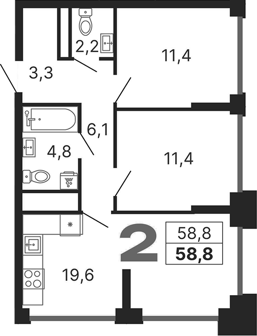 Планировка — Бестселлер, 2-комн., 59 м²