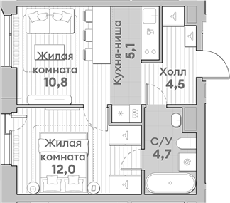 Планировка — Среда на Лобачевского, 2-комн., 37 м²