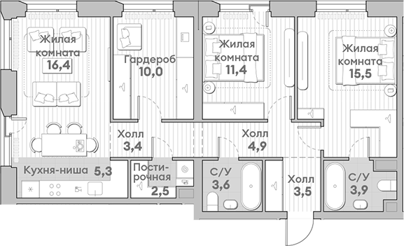 Планировка — Среда на Лобачевского, 3-комн., 80 м²