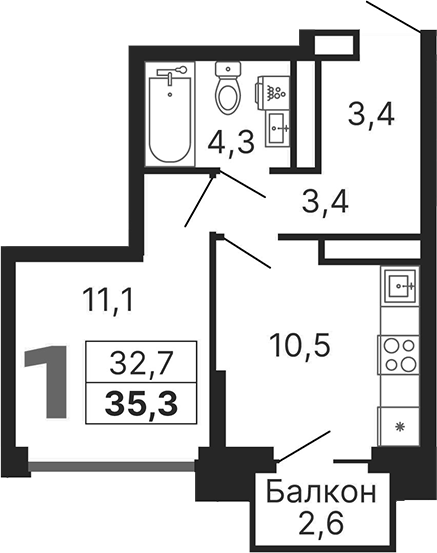 Планировка — Бестселлер, 1-комн., 33 м²