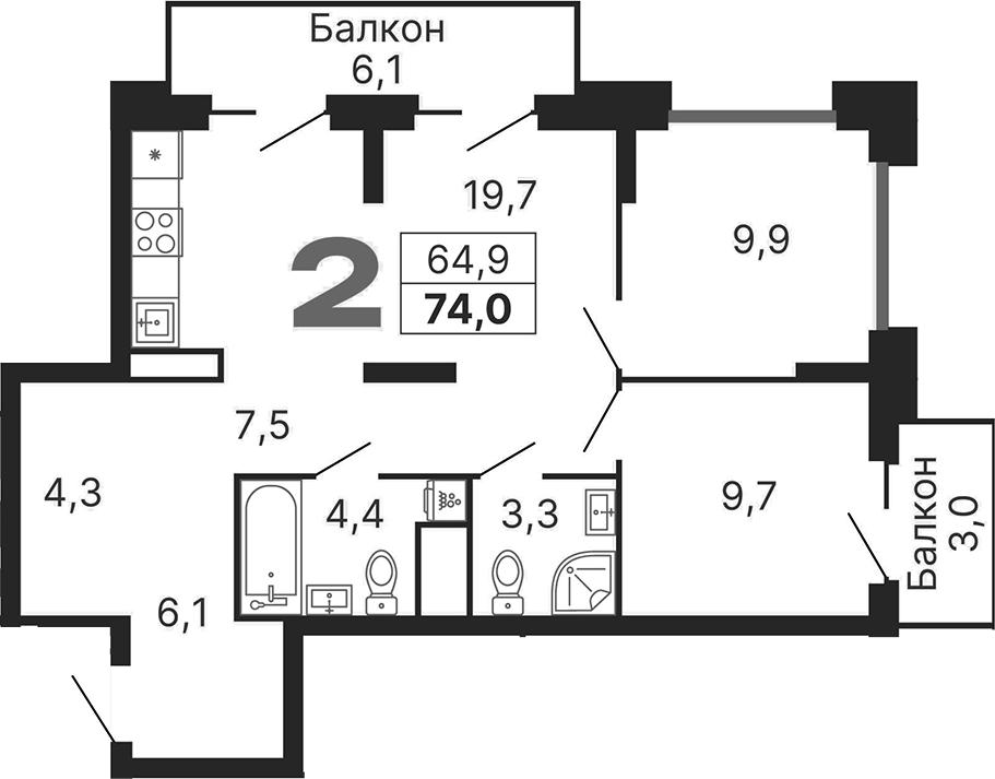 Планировка — Бестселлер, 3-комн., 65 м²