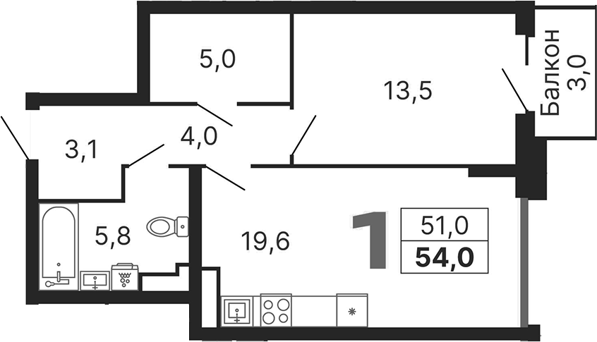 Планировка — Бестселлер, 2-комн., 51 м²