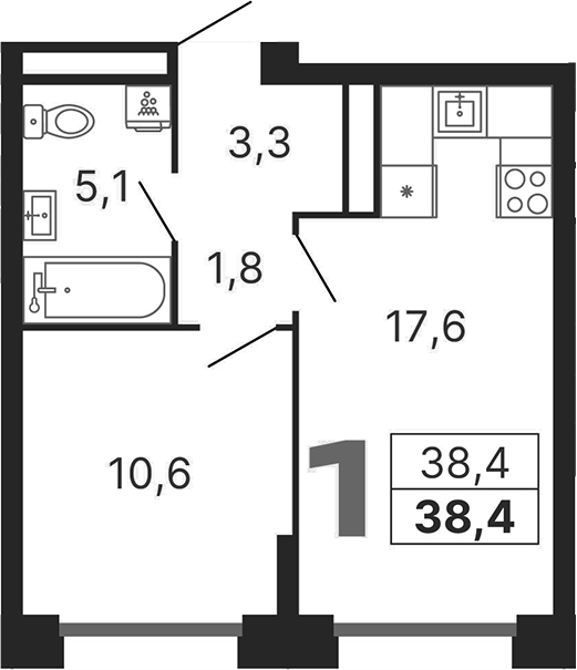 Планировка — Бестселлер, 1-комн., 38 м²