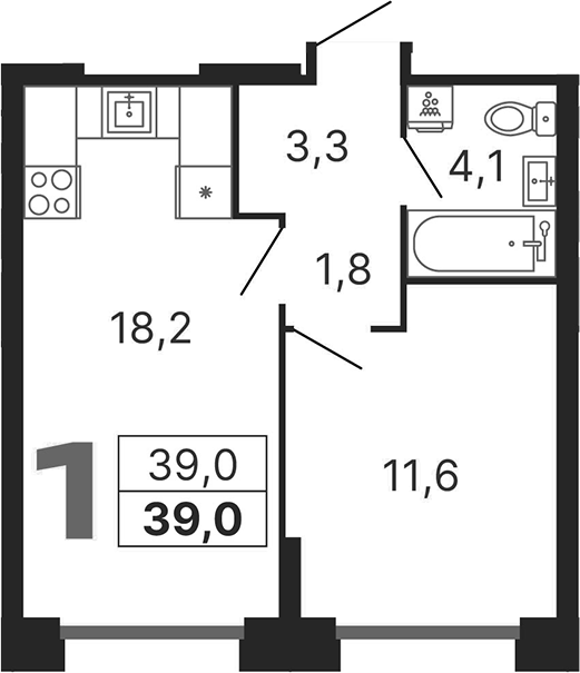 Планировка — Бестселлер, 1-комн., 39 м²