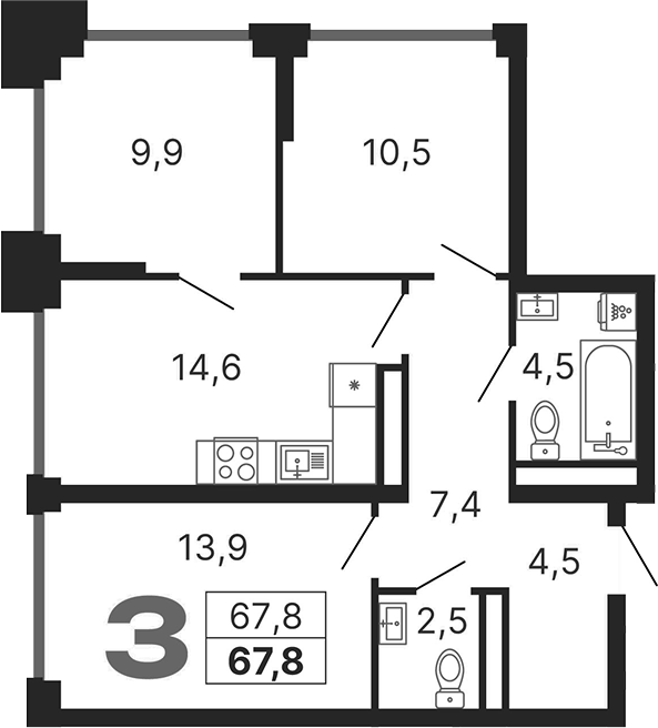 Планировка — Бестселлер, 3-комн., 68 м²