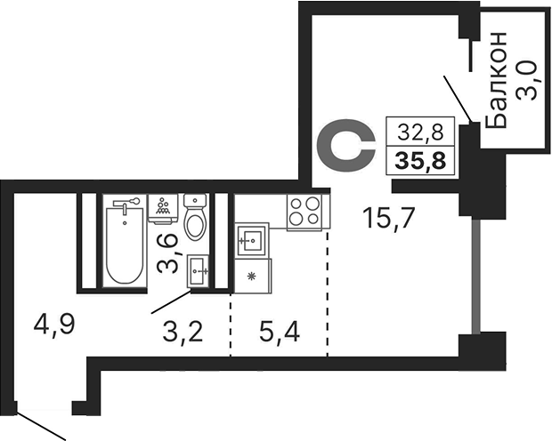 Планировка — Бестселлер, Студия, 33 м²