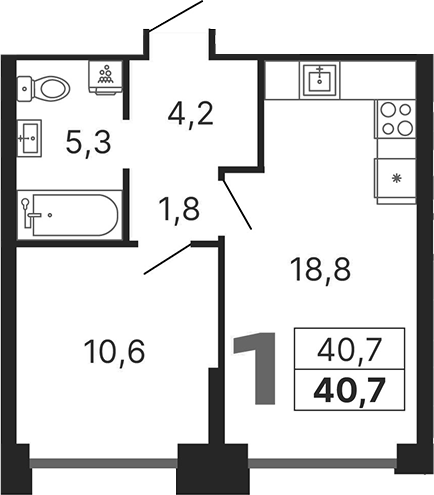 Планировка — Бестселлер, 1-комн., 41 м²