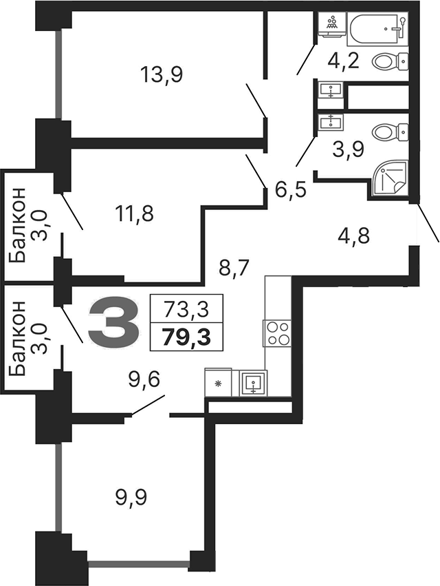 Планировка — Бестселлер, 4-комн., 73 м²