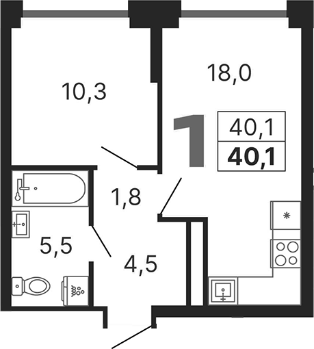 Планировка — Бестселлер, 1-комн., 40 м²