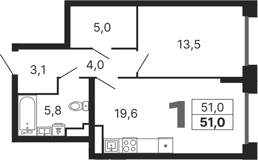 Планировка — Бестселлер, 2-комн., 51 м²