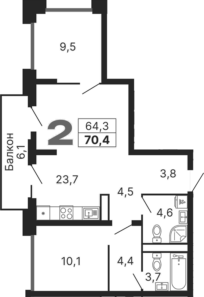 Планировка — Бестселлер, 3-комн., 64 м²
