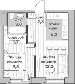 Планировка — Среда на Лобачевского, 2-комн., 36 м²