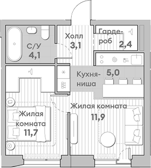 Планировка — Среда на Лобачевского, 2-комн., 38 м²