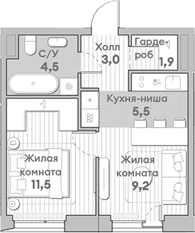 Планировка — Среда на Лобачевского, 2-комн., 36 м²