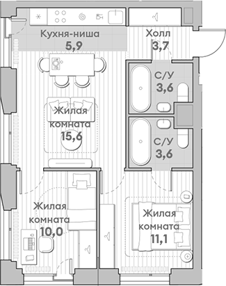 Планировка — Среда на Лобачевского, 3-комн., 54 м²