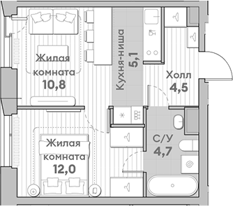 Планировка — Среда на Лобачевского, 2-комн., 37 м²