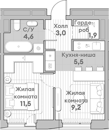 Планировка — Среда на Лобачевского, 2-комн., 36 м²
