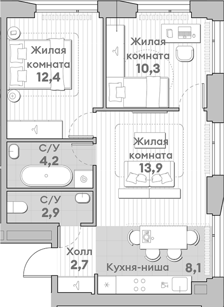 Планировка — Среда на Лобачевского, 3-комн., 55 м²