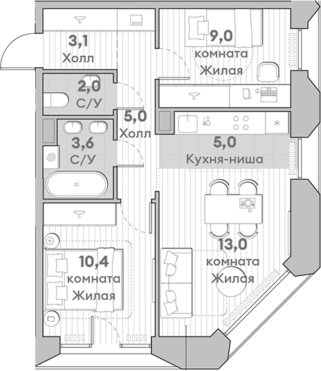 Планировка — Среда на Лобачевского, 3-комн., 51 м²