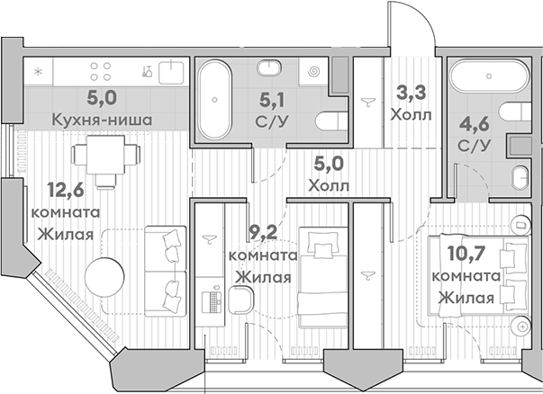 Планировка — Среда на Лобачевского, 3-комн., 56 м²