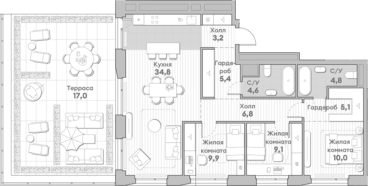 Планировка — Среда на Лобачевского, 4-комн., 94 м²