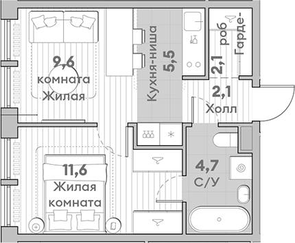 Планировка — Среда на Лобачевского, 2-комн., 36 м²