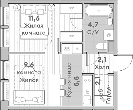 Планировка — Среда на Лобачевского, 2-комн., 36 м²