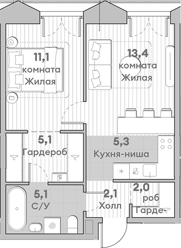 Планировка — Среда на Лобачевского, 2-комн., 44 м²