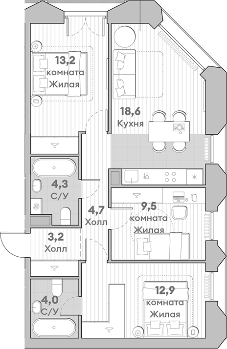 Планировка — Среда на Лобачевского, 4-комн., 70 м²