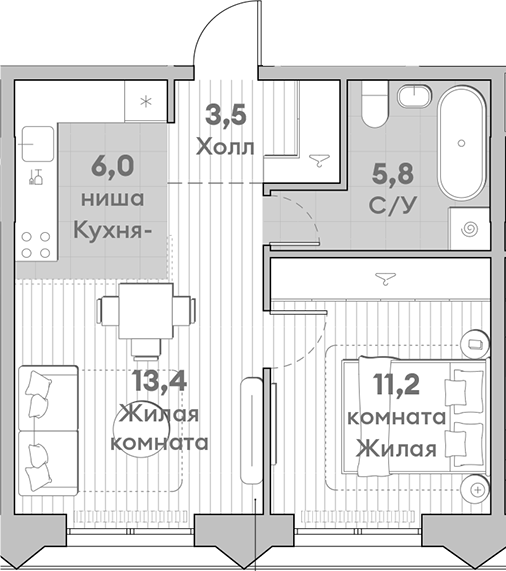 Планировка — Среда на Лобачевского, 2-комн., 40 м²