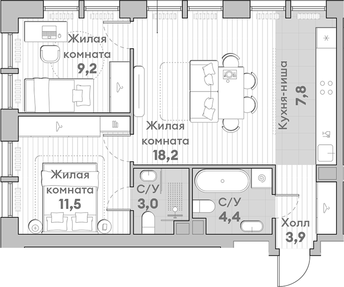 Планировка — Среда на Лобачевского, 3-комн., 58 м²