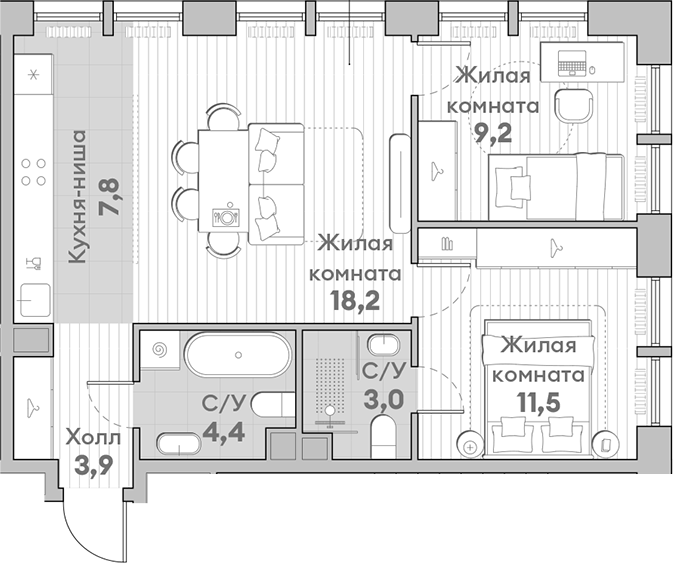 Планировка — Среда на Лобачевского, 3-комн., 58 м²
