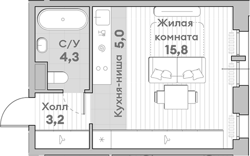 Планировка — Среда на Лобачевского, Студия, 28 м²