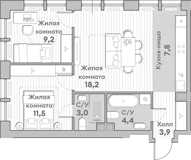 Планировка — Среда на Лобачевского, 3-комн., 58 м²